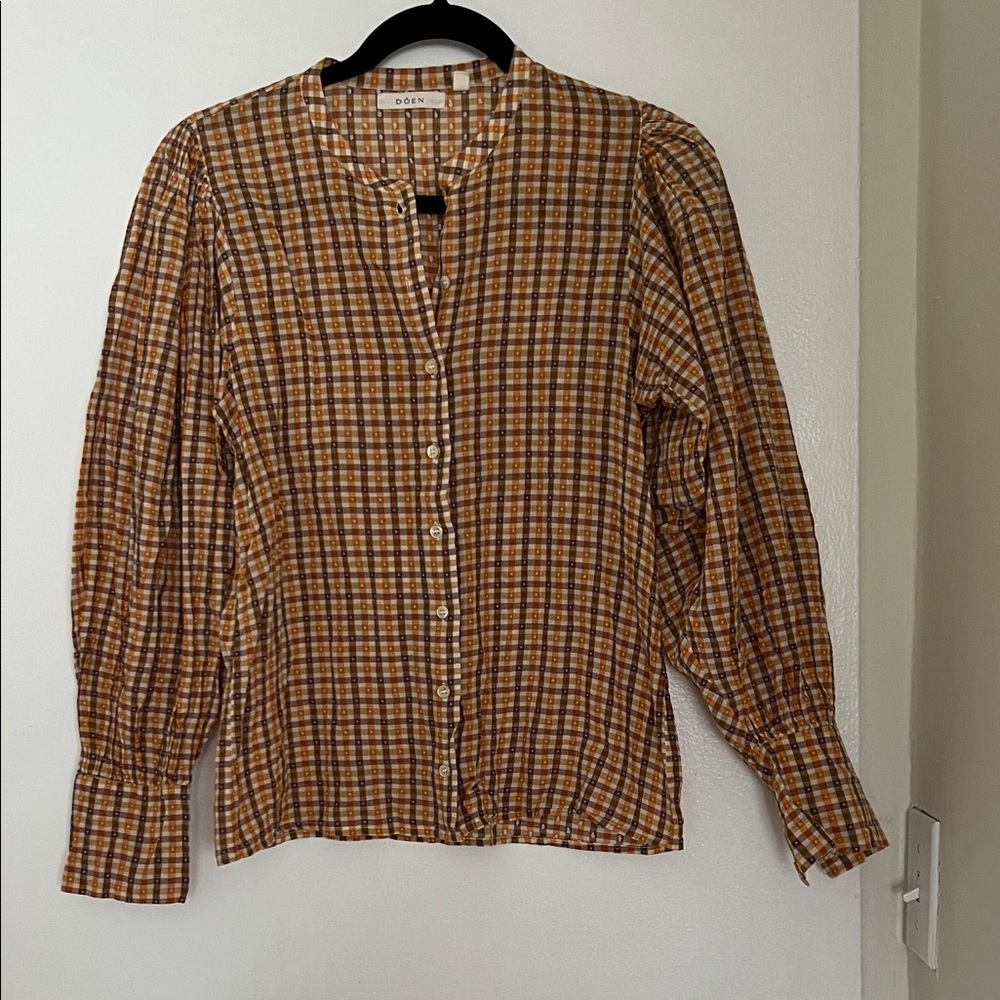 Doen Plaid Button-Front Blouse in Mustard & Brown
